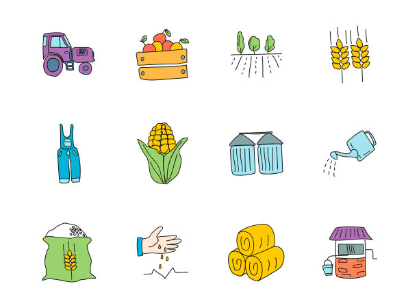 农业和农业的涂鸦孤立在白色。农业和农业图标设置为网页设计，用户界面，移动应用程序和打印图片下载