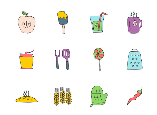 食物和厨房涂鸦被隔离在白色上。食品和厨房图标集网页设计，用户界面，移动应用程序和打印图片下载