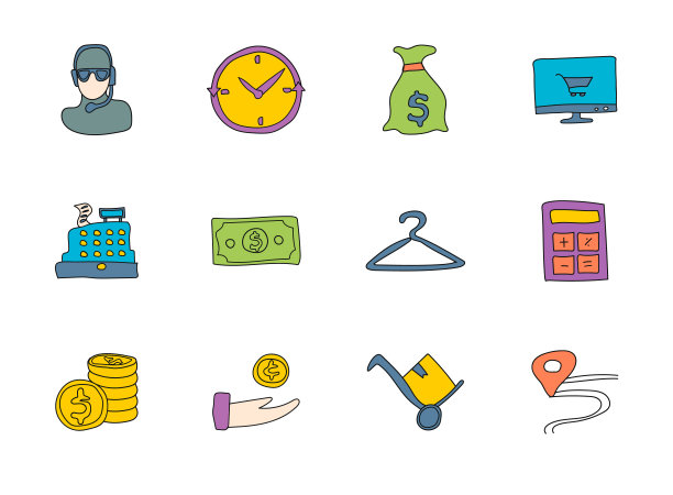 电子商务涂鸦孤立在白色。电子商务图标设置为网页设计，用户界面，移动应用程序和打印图片下载