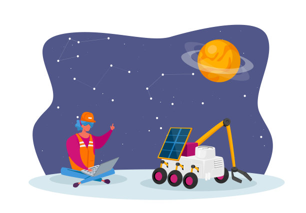 女工程师控制火星车在外星球表面移动。外太空探索，星系研究和殖民图片下载