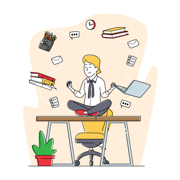 放松的女商人做瑜伽冥想莲花姿势在办公室办公坐在书桌与飞行文具在空中图片下载