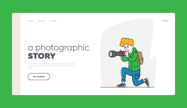 Paparazzi字符登陆页面模板。女摄影师，游客背包和摄影相机使照片图片下载