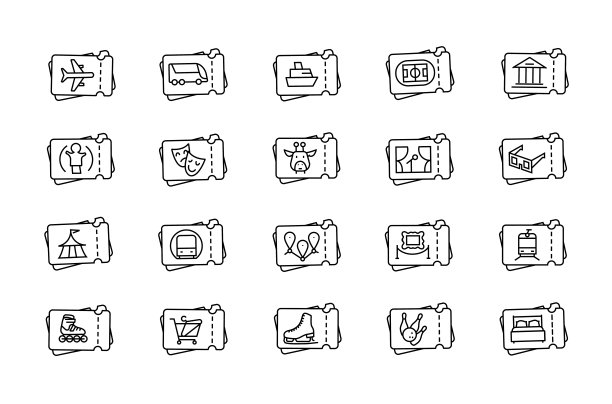 大量的离线票务图标。剧院、马戏、木偶剧院、公共汽车、火车、飞机、旅游、邮轮、电影院、动物园、博物馆、体育场、音乐会、美术馆。可编辑的中风图片下载
