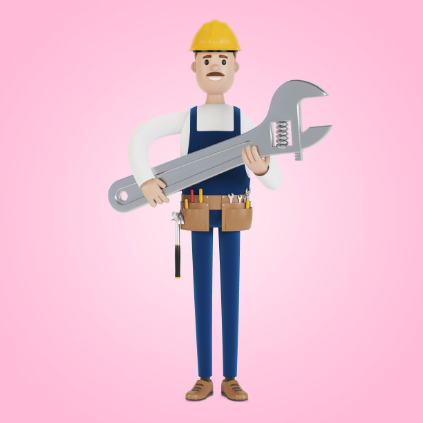 工匠用一个大扳手。3D插图卡通风格。图片下载
