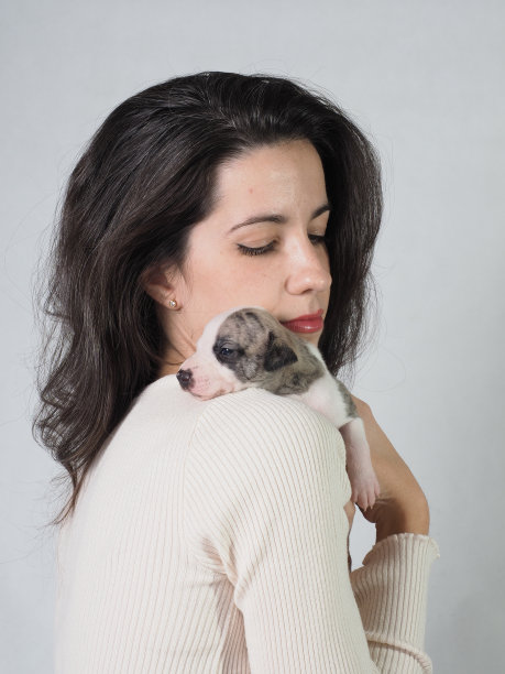 肩上驮着一只惠比特犬品种的小狗的年轻女孩图片下载