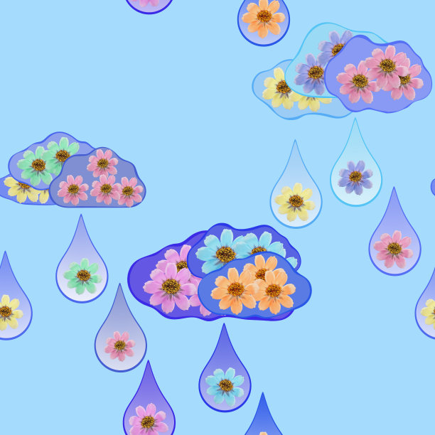 说明,连续复制。宇宙。纹理的鲜花。云和雨滴的无缝模式。拼贴织物，棉布面料。用于墙纸，封面，包装纸。图片下载