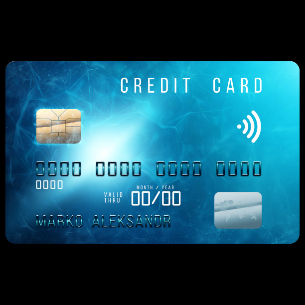 信用卡设计采用非接触式数据读取技术，黑色背景隔离。3D插图，3D渲染。图片下载