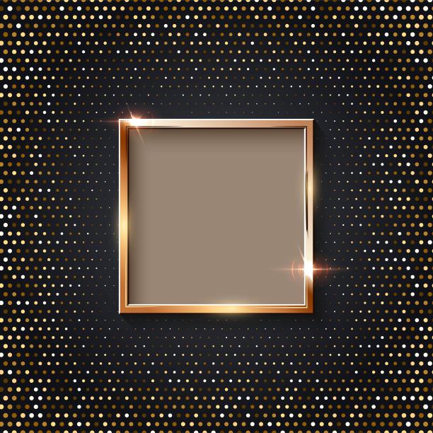 金色的方形框架的图片上的半色调背景。留白的图片，绘画，卡片或照片。3d现实的现代模板矢量插图。墙上简单的金色物件图片下载