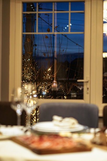 餐厅新年餐桌上的菜做得很好。在咖啡馆或家里度过圣诞之夜。设计素材照片图片下载