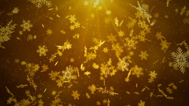 金色雪花和星星落在金色背景上，圣诞或新年背景概念。3D渲染图片下载