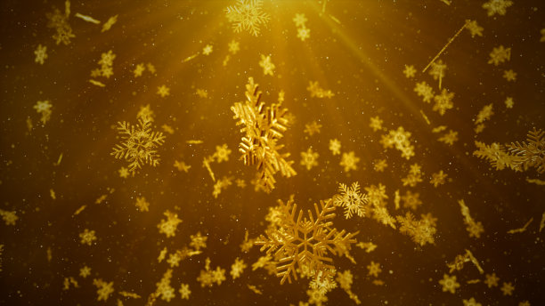 金色雪花和星星落在金色背景上，圣诞或新年背景概念。3D渲染图片下载