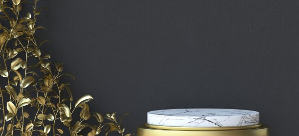 抽象背景大理石讲台与金色的叶子3D图片下载