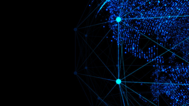 由黑色背景上的点构成的3d线框地球仪。技术背景。三维渲染图片下载