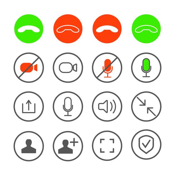 视频通话图标集。视频会议。收集在线视频聊天应用、网络通话、呼叫技术按键。Web应用ui显示模板。视频会议和在线会议工作空间图片下载