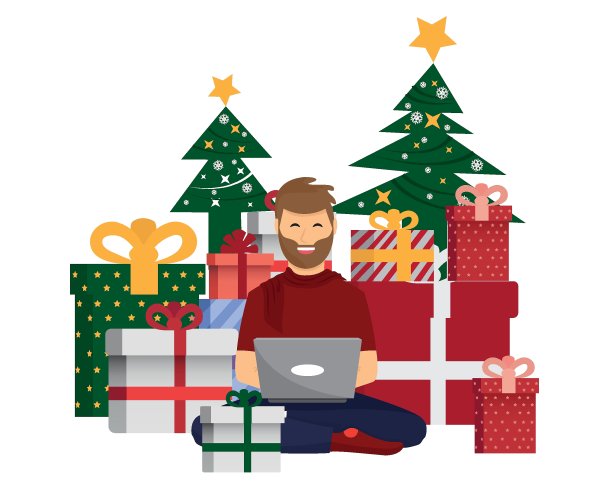 圣诞节期间网上购物的男人。平面向量。图片下载
