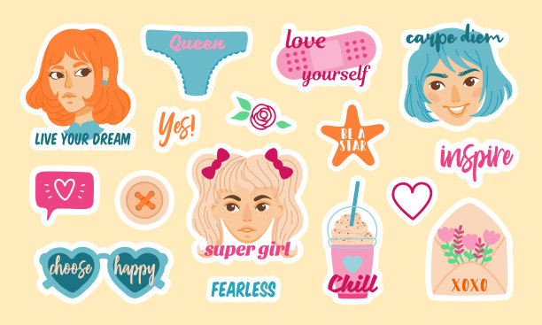 一套鼓舞人心的创意贴纸的女孩图片下载