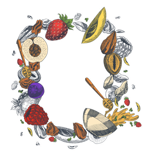 格兰诺拉雕刻风格插图。各种浆果，水果和坚果。自制的美味。制作格兰诺拉麦片的原料。健康的早餐。手绘矢量图图片下载
