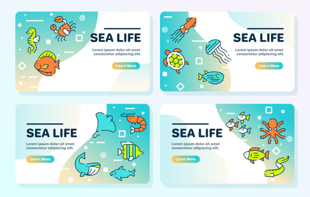 彩色线性图标海洋生活旗帜设置图片下载