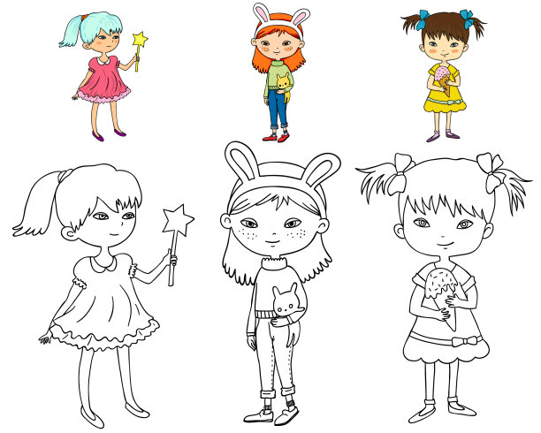 三个可爱的女孩涂色书与颜色样本图片下载