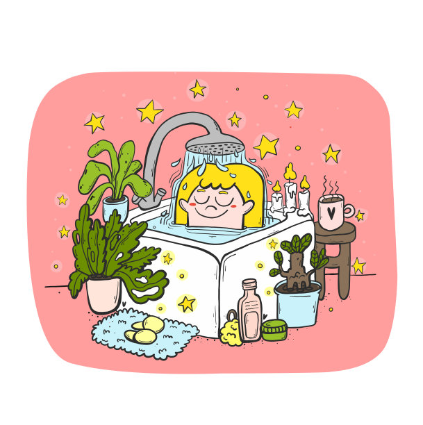 矢量插图，一个舒适的快乐的女孩在浴室里，星星，洗发水，奶油，毛巾，带点的植物，一杯茶，拖鞋地毯图片下载