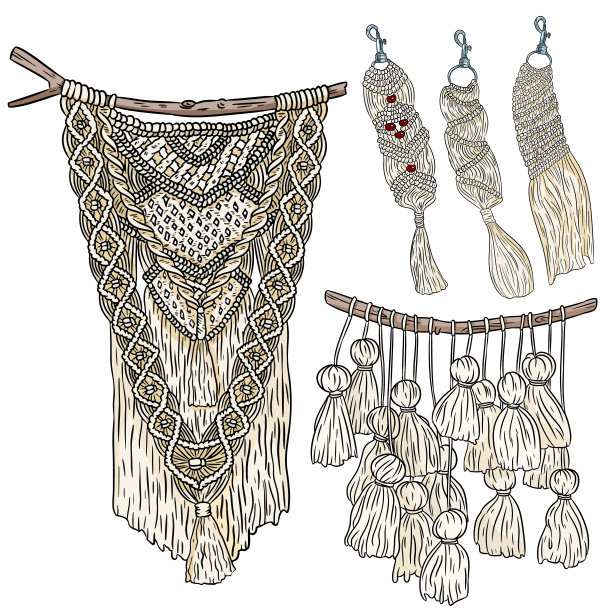 一套流苏波西米亚风格的挂墙和钥匙链涂鸦草图。纺织打结设计元素的集合。简单的线性现代本土工艺图片下载