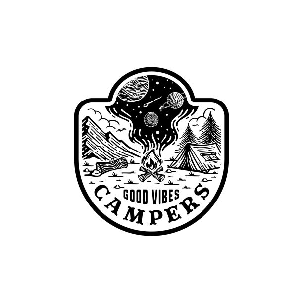 山地露营标志徽章。可以看到篝火里的银河。图片下载