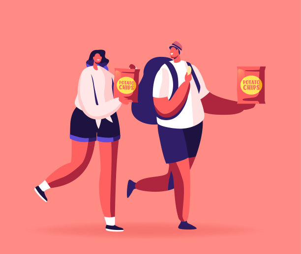 男性和女性角色吃包装的薯片。高碳水化合物和卡路里的快餐，零食图片下载