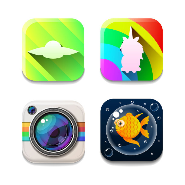 设置抽象集合图标符号标志独角兽Ufo外星人鱼气泡相机照片阴影标志矢量设计风格图片下载