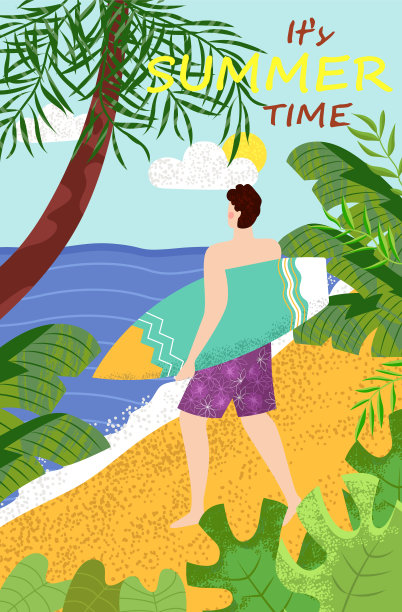 男人与冲浪板在海滩上，夏季向量图片下载