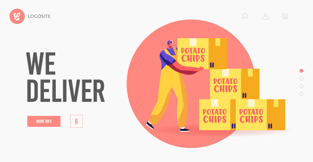食品配送登陆页面模板。快递男角色将装着薯片的盒子送给消费者。购物、订单图片下载