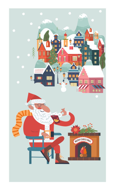 圣诞老人坐在壁炉旁喝着热红酒。向量的圣诞贺卡。图片下载