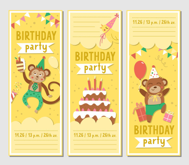 一套生日派对贺卡模板与可爱的动物。周年纪念垂直海报或邀请的孩子。明亮的假日书签插图与有趣的猴子，熊，蛋糕与蜡烛图片下载