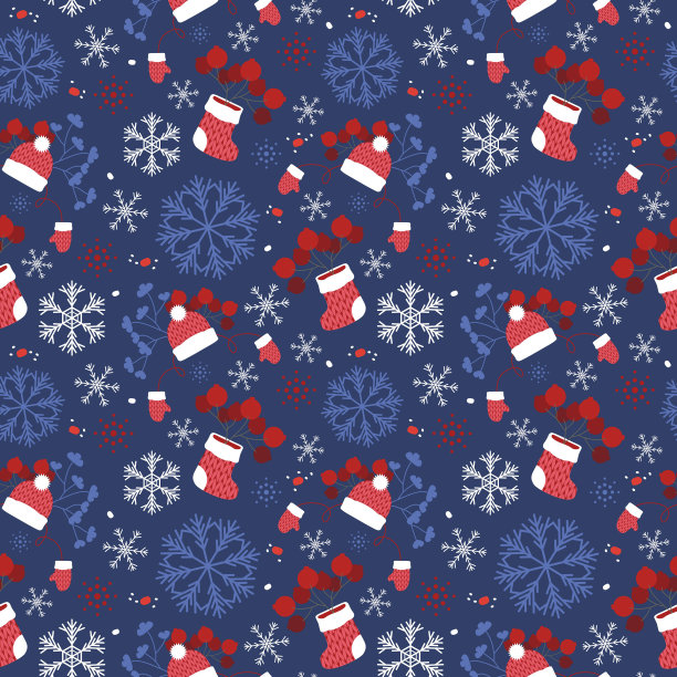 编织的靴子，手套和帽子，用雪花和浆果，蓝色。图片下载