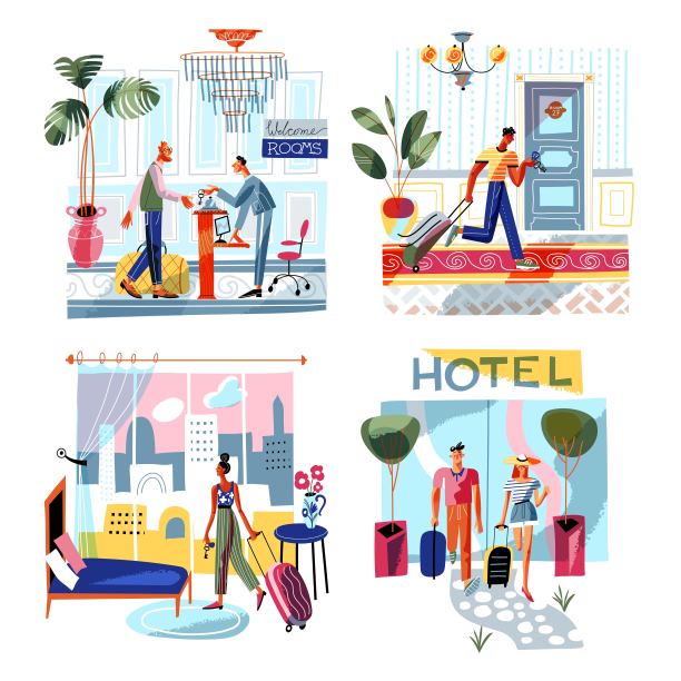酒店场景在城市插图设置。人们带着行李在酒店旅行。假期矢量快乐。游客在接待处，女人在房间，家人在大厅图片下载