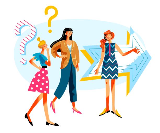 推荐朋友程序，女人推荐女生。企业推介矢量插图。人们用箭头思考，找工作，推荐朋友。问题象征符号图片下载