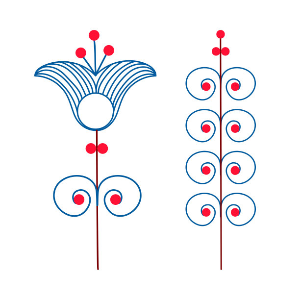 斯堪的纳维亚花蓝色和红色，极简的北欧风格。矢量图图片下载