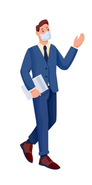 戴着面具在办公室工作的人。工作场所的冠状病毒大流行媒介插图。年轻的老板或经理走来走去，拿着白纸或报告图片下载