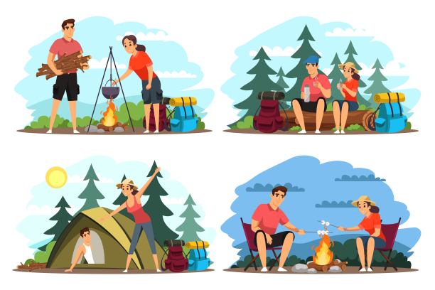 人们旅行的冒险插图集。一对背着背包在山上和森林里徒步旅行的夫妇。游客户外场景向量。在篝火上做饭，坐在一起，露营图片下载