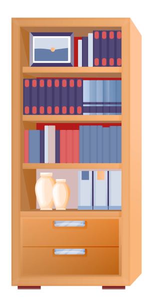 带架子的办公室橱柜。室内设计背景元素矢量插图。现代潮流站与画框，书籍，活页夹，文件，花瓶，封闭抽屉图片下载