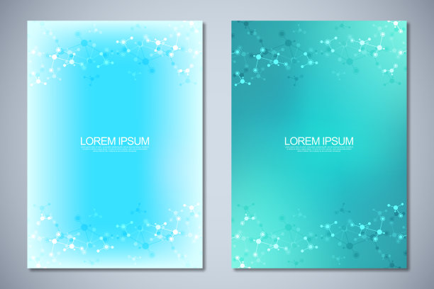 模板小册子或封面书，页面布局，传单设计与分子结构和DNA链的抽象背景。理念和理念的创新技术，医学研究，科学。图片下载