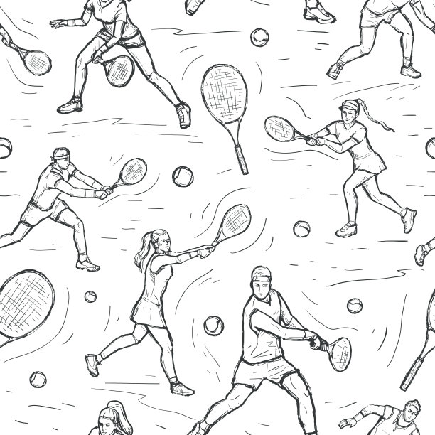 男人和女人打网球。网球体育竞赛。人打网球。图形无缝矢量草图模式与运动员。黑线孤立在白线上。图片下载