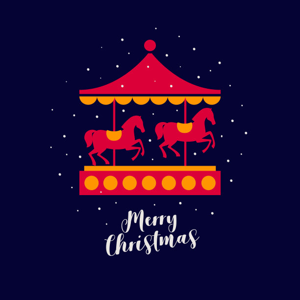 在飘落的雪下，红马的节日旋转木马。图片下载
