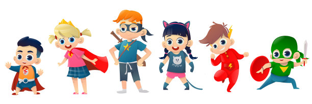 孩子们穿着超级英雄的服装。卡通男孩和女孩穿着不同的超级英雄服装，孤立在白色背景下。超级英雄服装。矢量图图片下载