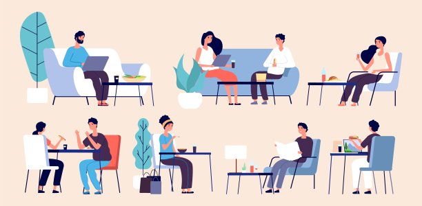 人们吃。女人和男人放松食物。平面矢量人在餐厅，咖啡馆，美食广场图片下载