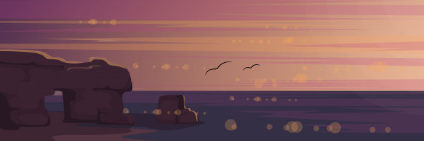 矢量图日落在傍晚时间。岩石海岸日出海滩，海景景观在平坦风格。图片下载