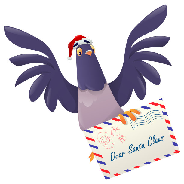 戴着红帽子的圣诞鸽子。一套圣诞邮鸽。圣诞鸽子把邮件带给圣诞老人。带信的鸽子圣诞快乐。矢量图图片下载