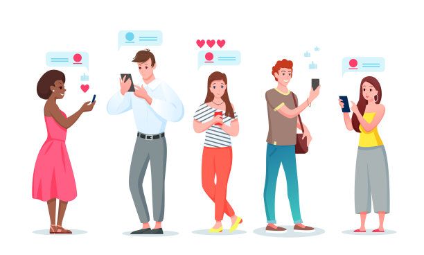 人在聊天网络通信矢量插图集。卡通扁平的年轻男女角色在社交媒体messenger手机应用上与朋友聊天，在网上交流孤立的白人。图片下载