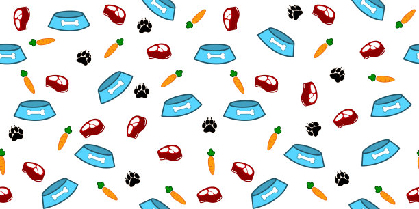 无缝图案背景插图与狗粮碗，生肉，胡萝卜和爪子。天然狗粮。图片下载