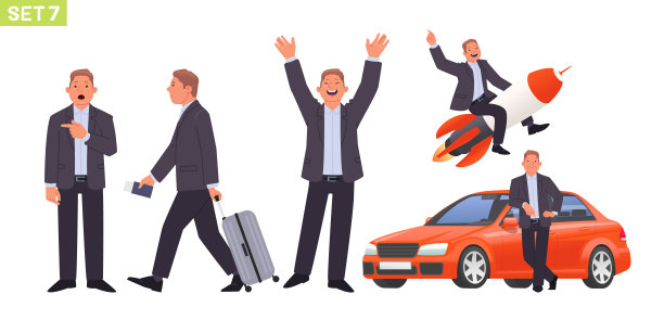 商人字符集。在各种姿势和情况下的男人经理。人指惊喜、出差、欣喜图片下载