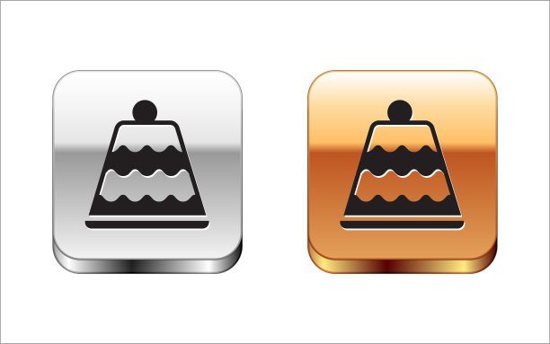 黑色蛋糕图标孤立在白色背景上。生日快乐。银金色方形纽扣。向量图片下载